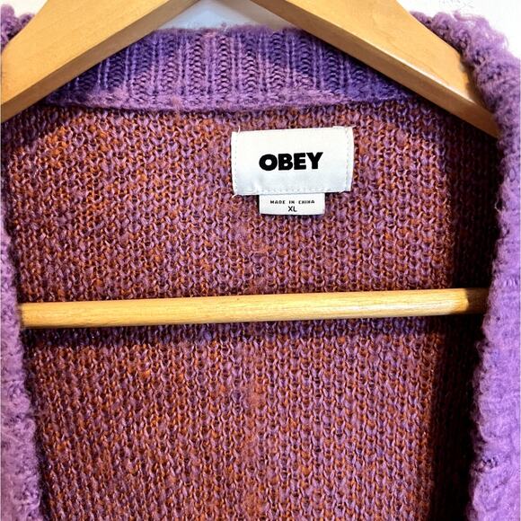 Obey | Men's Dexter Shaggy Knit Cardigan Sweater Purple Orange Grunge Size XL - Picture 5 of 9